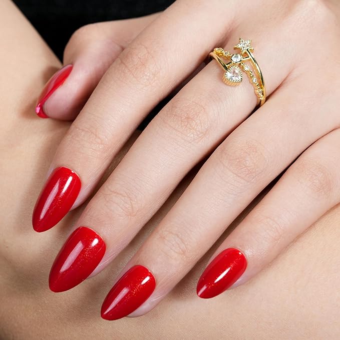 Red Press on Nails Almond, Jofay Fashion Soft Gel Fake Nails, Press on Nails, Reusable & Natural Acrylic False Nails, Stick on Nails for Women Girls Gift, Glue on Nails Kit 32 Pcs