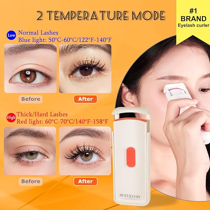 Heated Eyelash Curler - Wide Open Dual-Arc Design Heated Lash Curler - Electric Eyelash Curler - Type-C Rechargeable Mini Lash Curler Natural Curling 24H Long Lasting for Women - Apricot