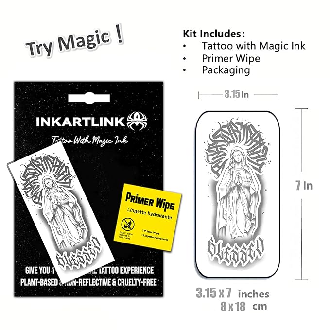 INKARTLINK Semi Permanent Tattoo, party tattoo, beautiful and realistic design, fun tattoo experience, cruelty-free, non-reflective, waterproof (Holy Mother 3)