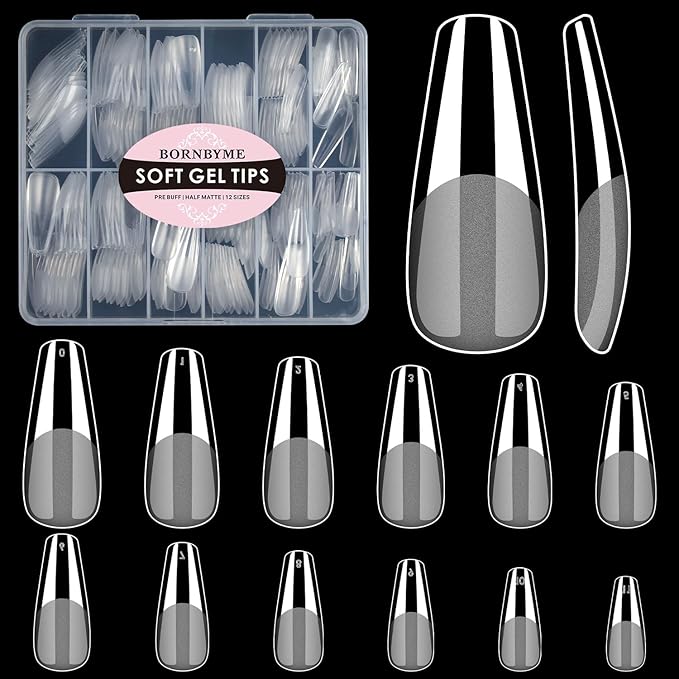 Long Coffin Soft Gel Nail Tips, BORNBYME 240 PCS Pre Buff Full Cover Shaped Nail Extenison Tips Half Matte Gel Tips