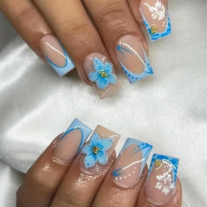 24pcs French Tip Press on Nails Short Square Blue Flower Fake Nails with Gold Beads Designs Summer False Nails Kit Cute Floral Glue on Nails Full Cover Stick on Nails for Women Nail Decoration