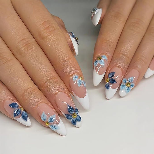 24Pcs Blue Flower Press on Nails Short Almond French Tip Fake Nails 3D Gold Rhinestones Flower Core Design Summer False Nails Cute Stick on Nails Full Cover Glue on Nails for Women Acrylic Nails