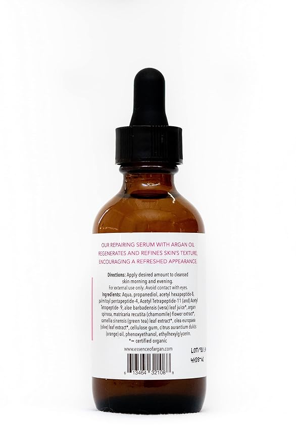 Essence of Argan Triple Peptide Serum for Face with Argan Oil, Aloe Vera, Chamomile, Green Tea and Olive Oil - For Deep Moisturizing and Glowing Skin - 2fl.oz/60ml