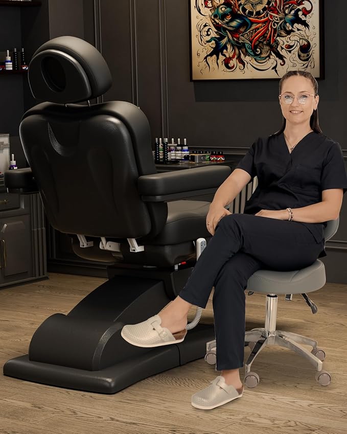 Paddie 360° Swivel Fully Electric Tattoo Chair 4 Motor with 20° Backward Tilt, Motorized Height & Angle Adjustable Massage Table Professional 660lbs, Headrest & Footrest Length Adjustable