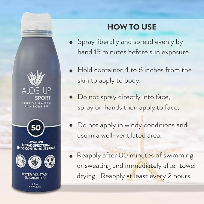 Aloe Up Sport Continuous Spray Sunscreen SPF 50- Broad Spectrum UVA/UVB Sunscreen Protector for Face and Body With Aloe Vera Gel Fast Absorbing Sheer Formula Reef Safe Fragrance-Free - 6 Oz 2 pack