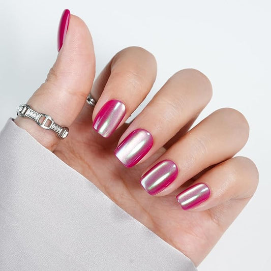 Jofay Fashion Press On Nails - Christmas Short Square Chrome Red for Gifts, Stick On Nails with Glue, Glossy Reusable Tips in 16 Sizes - 32 Soft Gel Fake Nails Kit