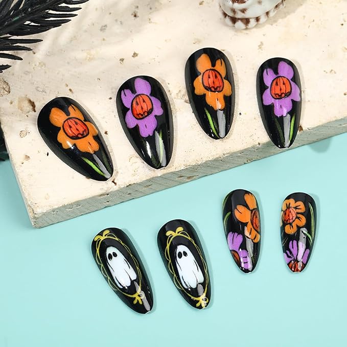 24Pcs Halloween Press on Nails Medium Almond Fake Nails Spooky Graffiti Skull Flower Ghost Design Full Cover Glitter Stick on Nails Dark Black False Nails for Women Acrylic Holiday Nail Decorations