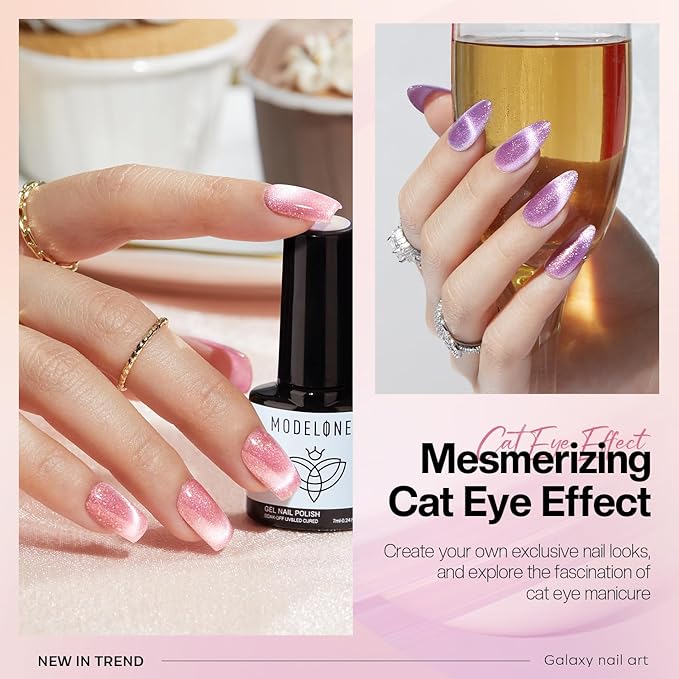 modelones Holographic Glitter Cat Eye Gel Nail Polish Kit 6 Colors with Magnet Romantic Rainbow Galaxy Series Pastel Gel Polish Soak Off Led Gel Nail Polish Set Nail Art Gel Manicure Salon DIY Gifts