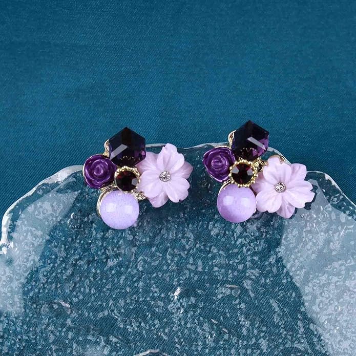 Boho Amethyst Flower Drop Earrings Vintage Purple Rhinestones Flora Petal Earrings Statement Purple Rose Studs Wedding Prom Geometric Crystal Flower Earrings Jewelry for Women