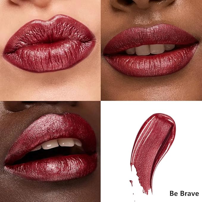 Metallic Liquid Lipstick Dark Red – High Pigment Long-Lasting Waterproof Lip Gloss, Smudge-Proof, Lightweight Red Metallic Lip Makeup for Parties & Everyday Wear (Be Brave)