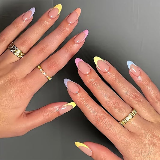 Fall French Tip Press on Nails Medium Almond False Nails With Colorful French Tip Design Full Cover Glue on Nail Reusable Colorful Acrylic Fake Nails Glossy Artificial Stick on Nail for Women