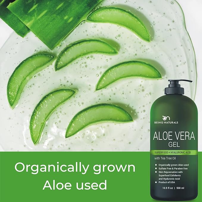 Being Naturals Aloe vera Gel - from 100% Pure Organic Aloe - Natural Raw Moisturizer for Face, Body, Hair. Perfect for Sunburn, Acne, Razor Bumps 16.9 fl oz (Tea Tree, Superfood, Hyaluronic Acid)