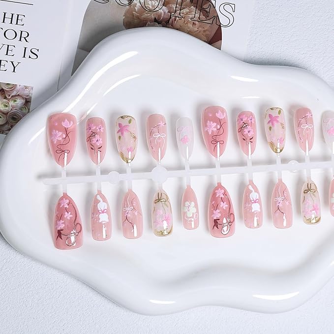 30Pcs Pink Press on Nails Medium Almond Fake Nails Summer Pink Peach Blossom Designs Cute Cat Bow False Nails Full Cover Acrylic Stick on Nails Artificial Glue on Nails for Women Nail Decoration