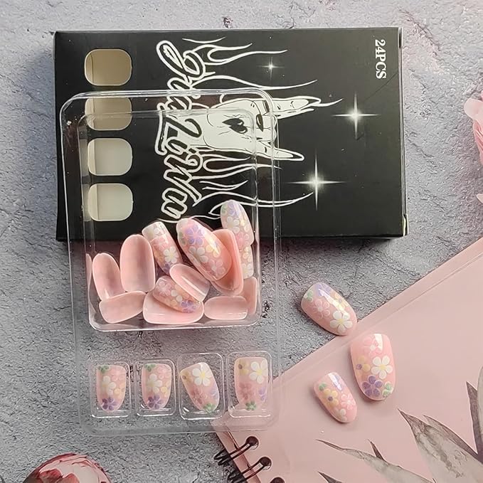 24Pcs Flower Press on Nails Short Fake Nails Colorful Daisy Glue on Nails Floral Acrylic Nails Almond Shape False Nails Spring Stick on Nails Cute Artificial Nails for Women Girls Wear Manicure Kit
