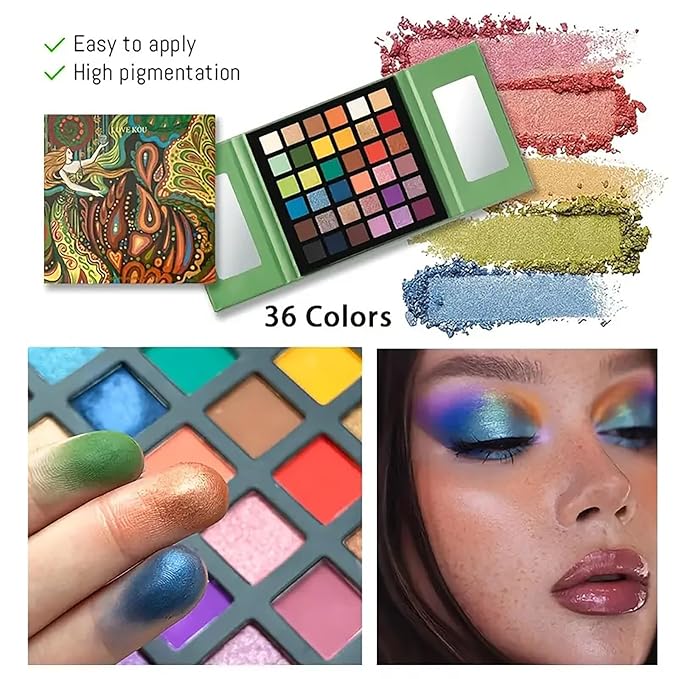 K'APEINE 36 Colors Eyeshadow Palette, Colorful Eyeshadows Palette Neon Shimmer Matte Glitter Eye Shadow High Pigmented Shadow Set Long Lasting Eye Makeup for Women