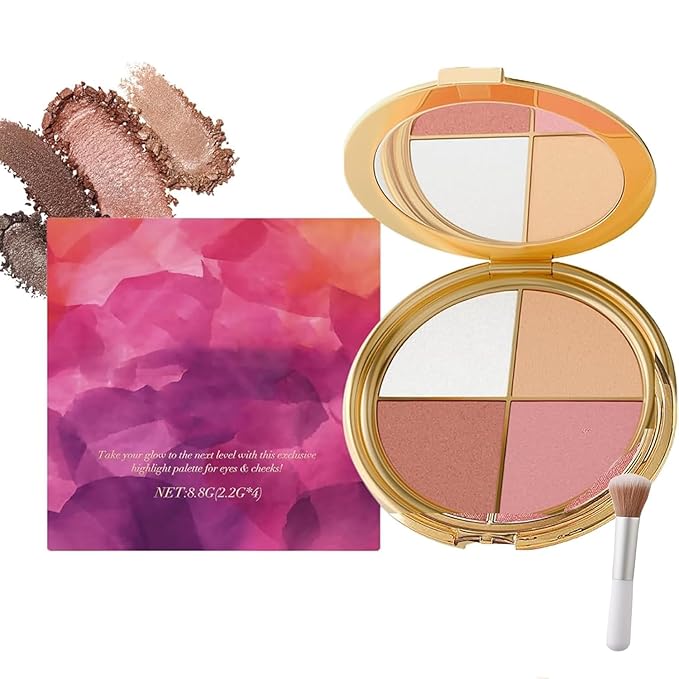 Eye & Cheek Palette - Eyeshadow and Highlighter Makeup (with Detachable Brush), Makeup Palettes Contour Kit, Shimmer Glow Face Highlighter Palette for Women Face, Natural Glow Contour Powder ((2pcs))