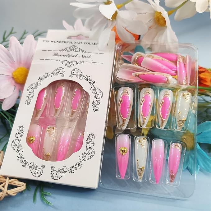 24Pcs Gold French Acrylic Full Cover Fake Nails 3D Curve Line Press on Nails Love Heart Gel Glue on Fingernails Glossy Pink Gradient Long Almond False Nail Shell Stick on Nail for Holiday Manicure Art