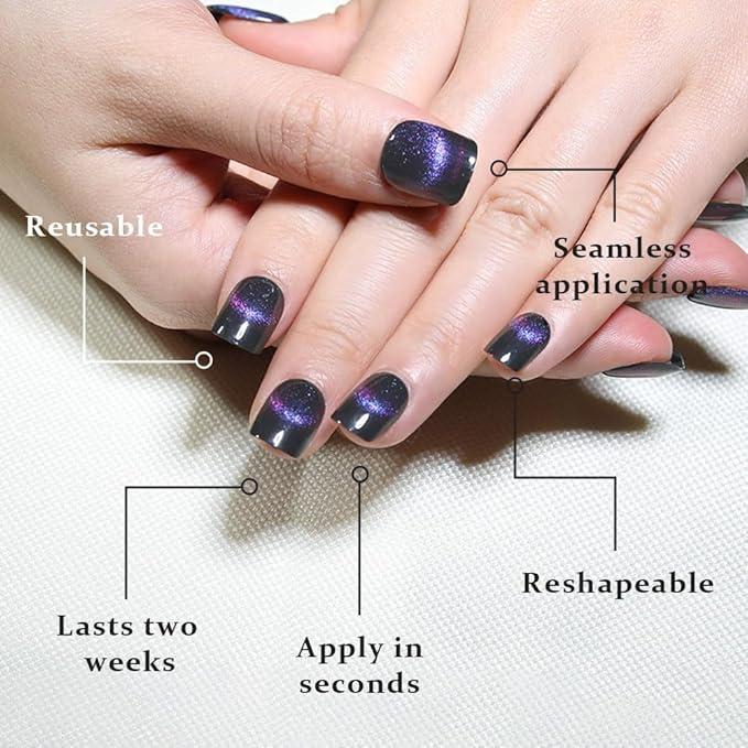 evpct Dark Blue Cat Eye Extra Short Press on Nails Square, Petite Short Square Glue on Nails for Women Gift, Smile Purple Metallic Glitter Glossy Reusable Gel Press on Acrylic Fake Nail with Designs