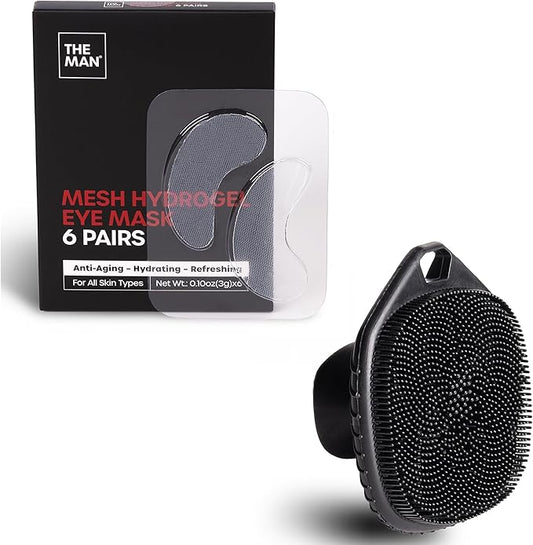 The Man Face Scrubber - Silicone Face Scrubber for Men, Flex Face Brush - Hydrogel Under Eye Patches for Men - Cooling, Hydrating & Firming Eye Masks (1 Scrubber & 6 Pairs)