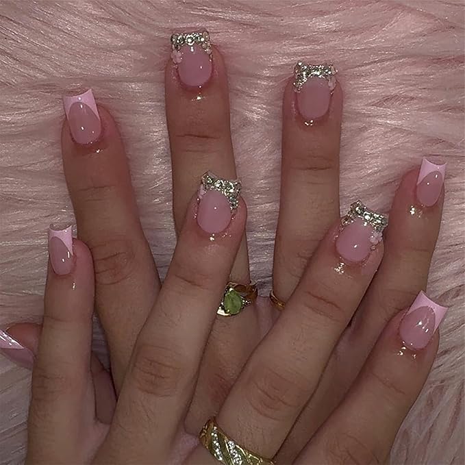 24pcs Pink French Tip Press on Nails Short Fake Nails with 3D Flower Rhinestones Square Nail Tips Designs Silver Glitter Stick on Nails French False Nails Full Cover Glossy Glue on Nails for Women