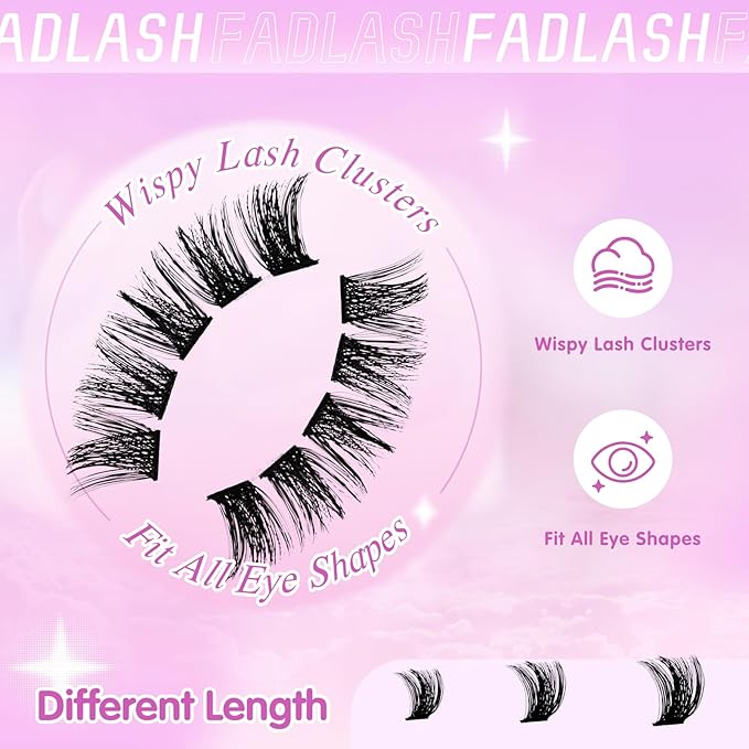 FADLASH Lash Clusters Natural Eyelash Clusters 8-16mm DIY D Curl Cluster Eyelash Extensions with Soft Thin Band Reusable Individual Lashes for Self Use (W33, 10-16mm)