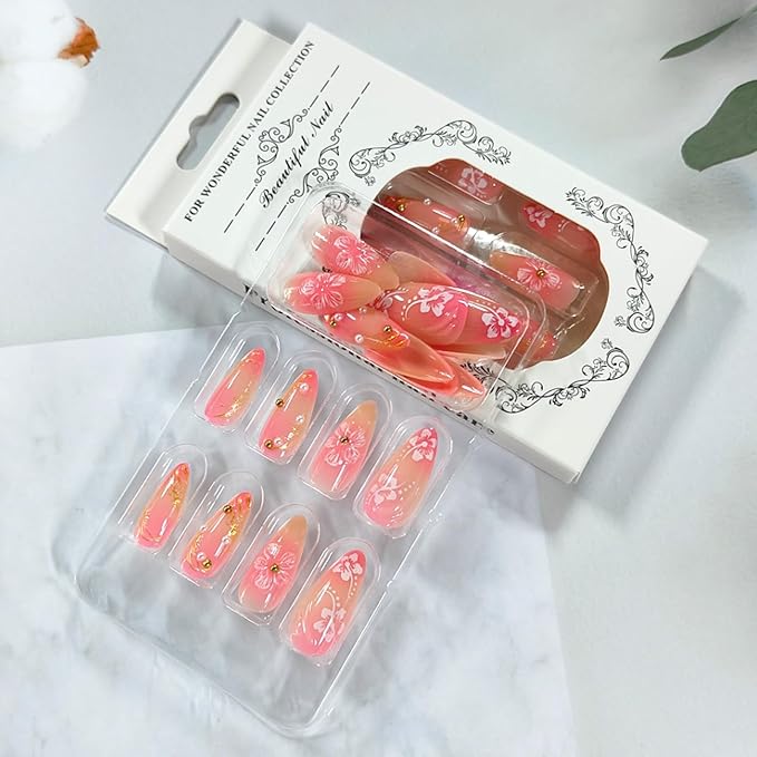 24Pcs Cute Flower Press on Nails Almond Medium Fake Nails with 3D Floral Gold Beads Design Pink False Nail Tips Glossy Glue on Nail Summer Full Cover Acrylic Stick on Nail for Women