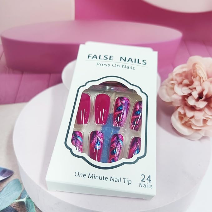 24Pcs Peacock Feather Press on Nails Rose Red Plume Stick on Nails Medium Coffin Acrylic Full Cover False Nails Glossy Blue Feather Eye Fake Nails Curve Line Gel Glue on Nails for Coquette Women Girls