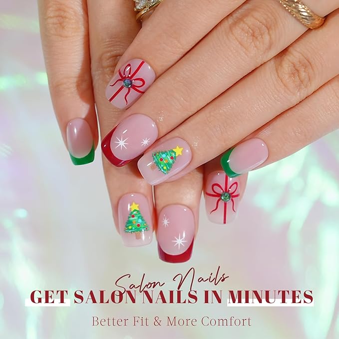 Christmas Press On Nails Short - Jofay Fashion French Tip Press On Nails Square for Gifts, Stick On Nails with Glue, Glossy Reusable Nail Tips in 16 Sizes - 32Pcs Soft Gel Fake Nails Kit