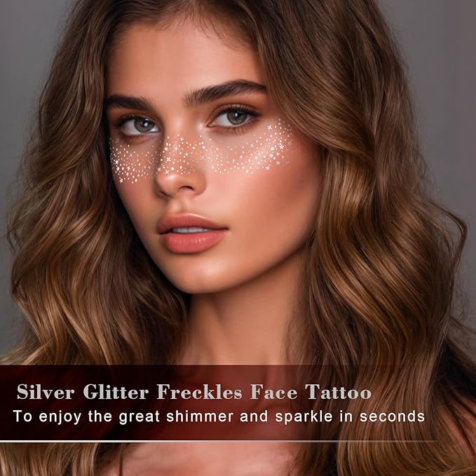 MEICOLY Silver Face Glitter,Glitter Freckles Face Tattoo for Women and Kids,Sparkle Makeup Patches,Sparkle Freckles Speckles Patches,Silver Glitter Freckles,6 Count