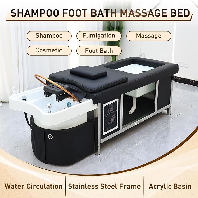 Head Spa Bed, Massage Table with Footbath, Japanese Head/Feet SPA Equipment, Professional Massage Shampoo Bed with Foot Bath Basin, Water Circulation System, for Spa Beauty Salon Barber (B)