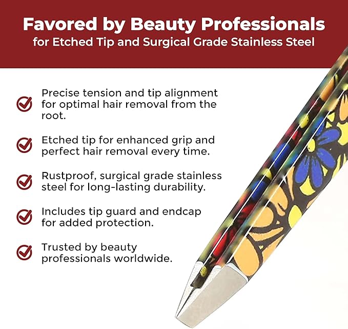 Venus by Regine Slant Tweezers - Handmade Precision Tool for Women & Men, 25-Degree Angle for Shaping Eyebrows & Grooming Facial Contours, Suitable for Eyebrow & Facial Hair Removal (Large Flowers)