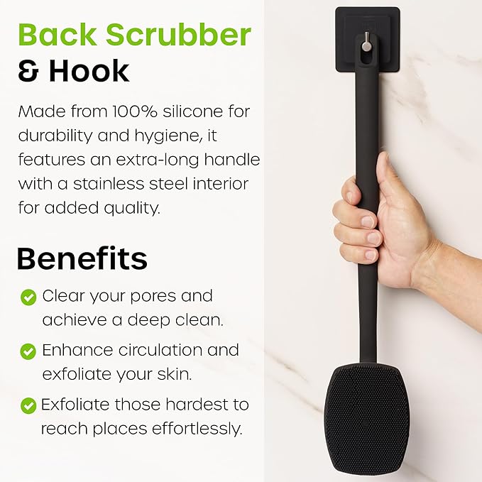 The Man Scrub Box - Silicone Back Scrubber, Face Scrubber & Body Scrubber Cleansing Brush for Men, Storage Hooks - Shower Bathroom Accessories for Men - Gifts for Him, Silicone Scrubbers Gift Box