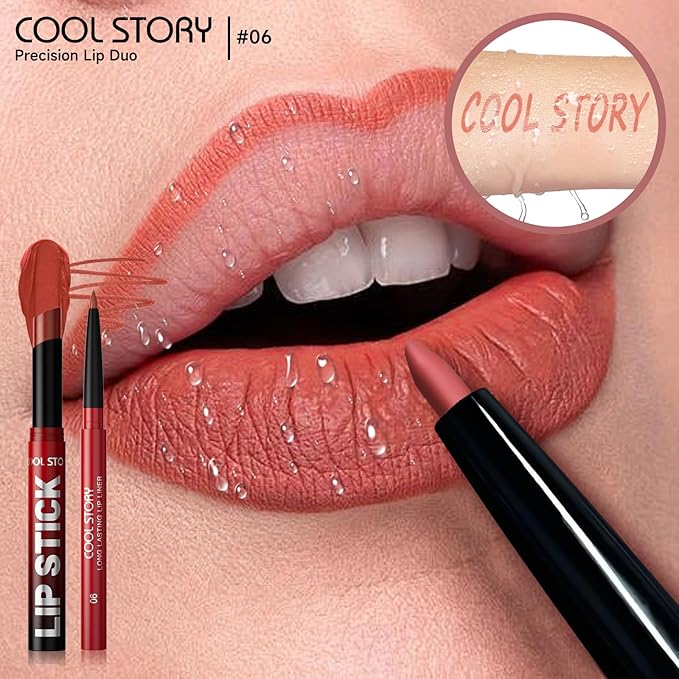 COOL STORY 2 Piece Lip Liner and Lipstick Set, Long Lasting Formula, Professional Makeup Kit (06)