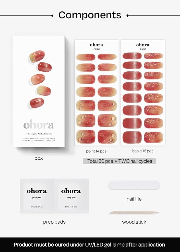 ohora Semi Cured Gel Nail Strips (N Shizuku Apple) - Works with Any Lamps, Salon-Quality, Long Lasting, Easy to Apply & Remove - Includes 2 Prep Pads, Nail File & Wooden Stick