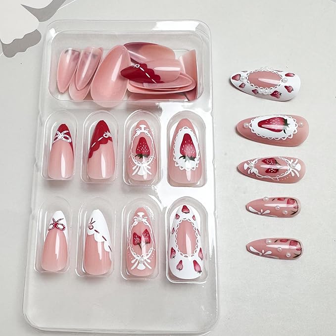 24Pcs Strawberry Press on Nails Medium Almond Fake Nails with 3D Pearl Design Cute Bow Tie Rhinestones Acrylic Nails False Nails Strawberries Red French Tip Glue on Nails for Women Decor