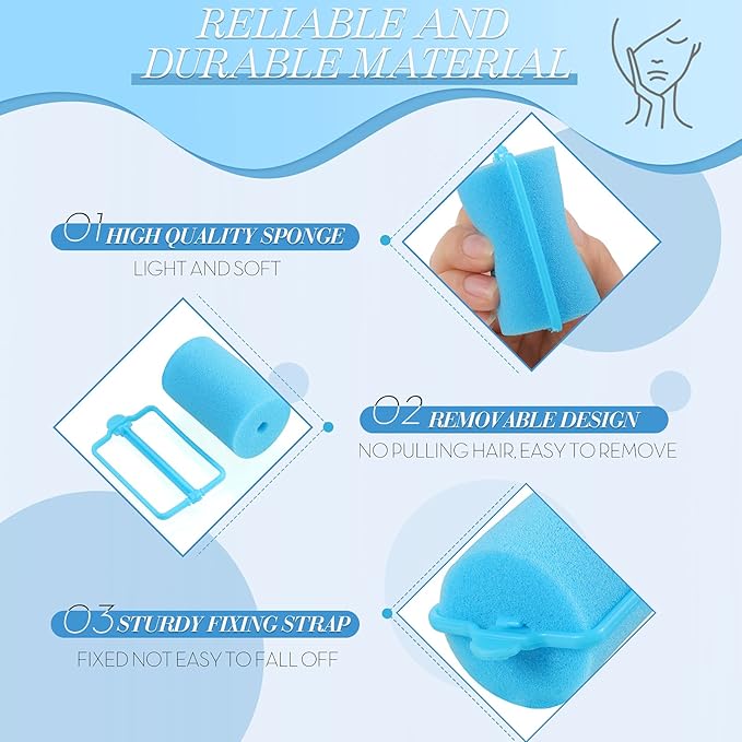 Geyoga 18 Pieces Sponge Hair Rollers Large Soft Foam Hair Styling Curlers Large Size Hairdressing Curlers for Women(1.4 x 2.6 Inches,Blue)