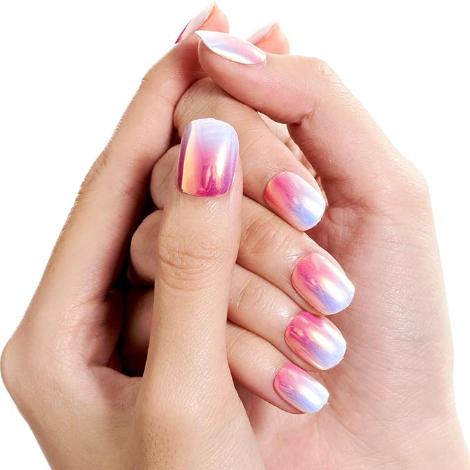 GLAMERMAID Extra Short Press on Nails 24PCS, Pink Blue Chrome Fall Gel Glue on Nails, Glossy Round Reusable UV Finish Fake Nails Acrylic False Nails Manicure Kits for Women