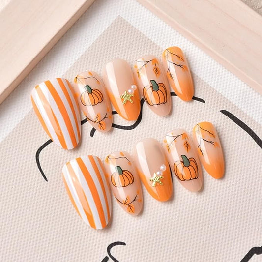 30Pcs Cute Fall Press on Nails Almond Medium Fake Nails Autumn Cute Pumpkins Stripe Maple Leaves Acrylic Nail Starfish Pearl Nail Charms Reusable French Tips Glue Stick On Nails for Women Manicure