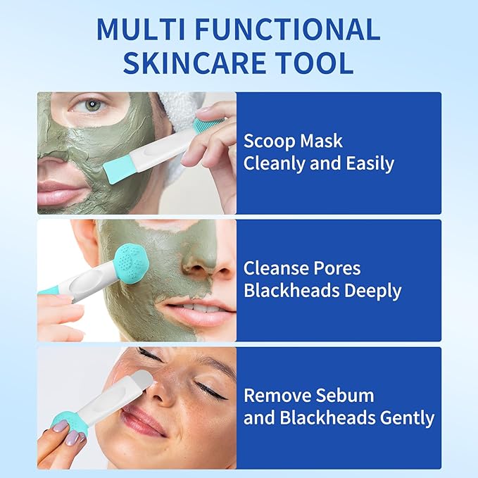 Silicone Face Scrubber, 3 in 1 Pore Brush Skin Scrubber Face Spatula with Face Mask Applicator Tool, Pore Cleaner, Blackhead Remover, Makeup Removal, Mud Mask, Body Lotion (Blue)
