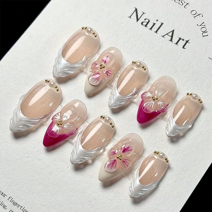 3D Flower Press on Nails Almond Medium Fake Nails M Size Pink White French Tip Glue on Nails with Gold Gems Designs Full Cover False Nails Summer Acrylic Stick on Nails for Women Girls Manicure 10Psc