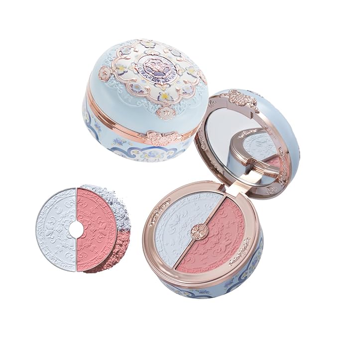 Flower Knows Butterfly Cloud Collar Rouge Box Highlighting & Blush Duo Powder,Blue+Pink Matte Finish Blush & Highlighter Palette,Buildable & Blendable Makeup Blush for cheeks(02 Seaborne Moon)