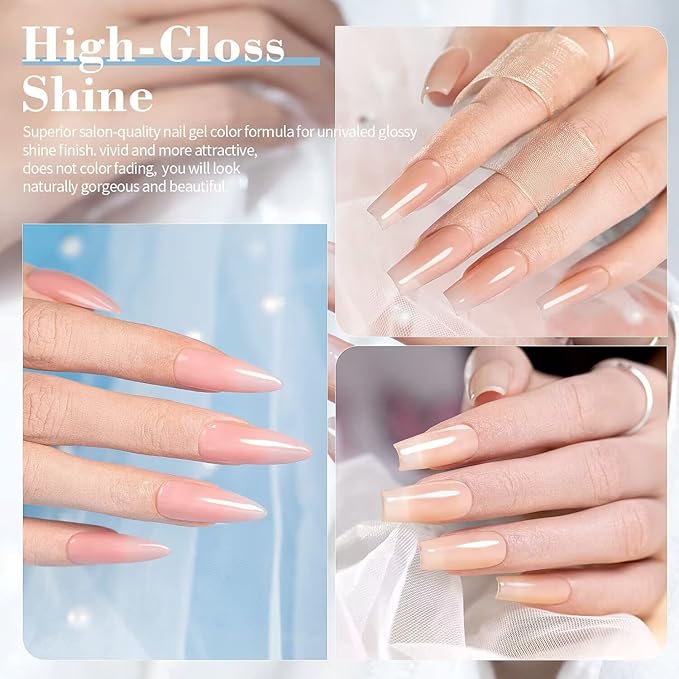 RARJSM Nude Gel Nail Polish Apricot Peach Pink Jelly Gel Polish Set of 6 Transparent Colors 7.5ml Clear Purple Sheer Wine Red Milky Mavue French Manicure LED UV Gel Soak Off Curing Requires Home