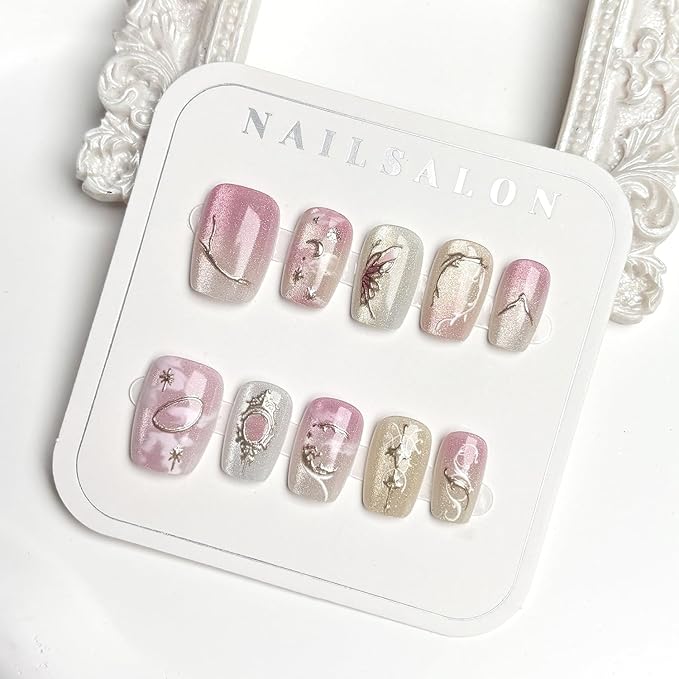 30Pcs Pink Press on Nails Short Square Fake Nails with Embossed Designs Glue on Nails Spring Summer Acrylic Nails Full Cover Butterfly False Nails Star Moon Stick on Nails for Women Nail Decoration