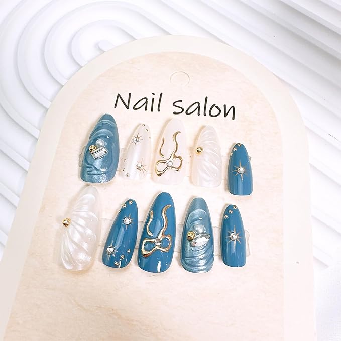 30pcs Blue Press on Nails Medium Almond Fake Nails with 3D Bow Gold Beads Rhinestones Designs Star False Nails Handmade Acrylic Full Cover Glue on Nails for Women Nail Decoration