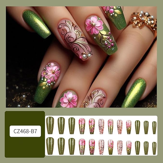 Pink Flower Press on Nails Medium Length Ballet Shaped Spring Summer Green French False Nail Press Ons with Design Pearl Stick on Nails Full Cover Artificial Acrylic Nail for Women Manicure Decoration