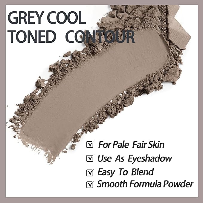 Cool Toned Contour Palette with Mirror, Taupe Grey Contour Powder for Fair Pale Light Cool Toned Skin, Nose Contouring Bronzer Powder with Face Brush