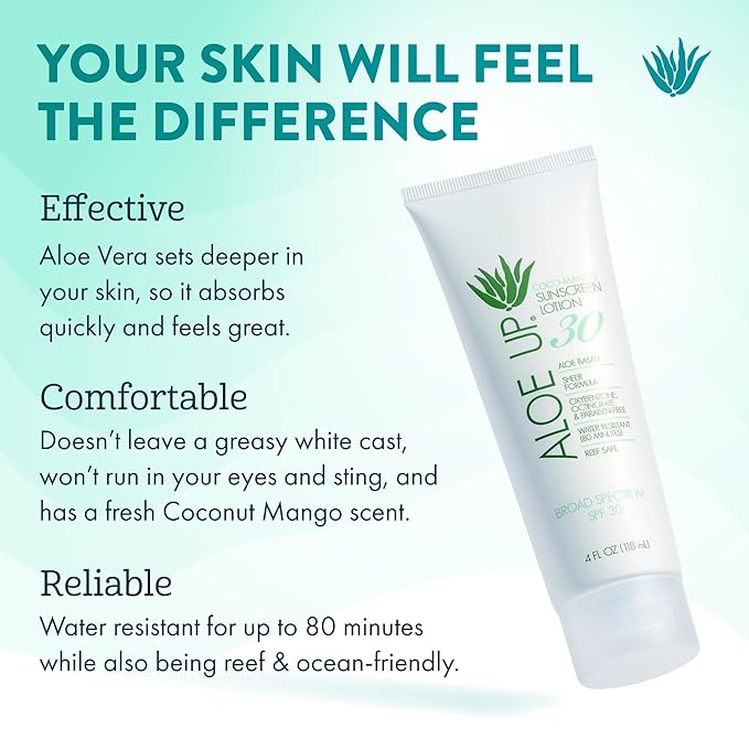 Aloe Up White Collection Sunscreen Lotion SPF 30 - Broad Spectrum UVA/UVB Sunblock for Face and Body - With Aloe Vera Gel - Alcohol-Free - Reef-Friendly - Coco-Mango Fragrance - 4 Oz