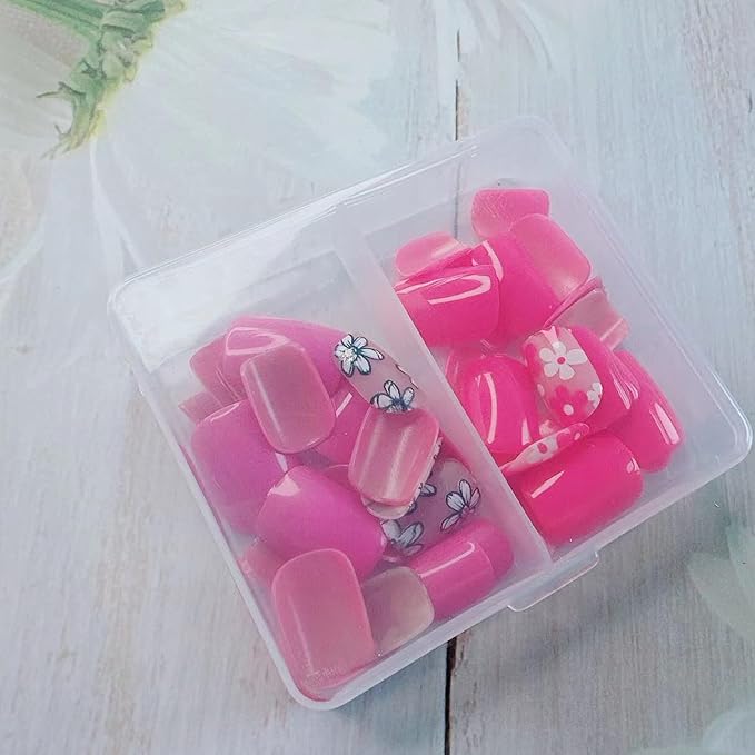 48Pcs Flower Press on Nails Kit - Short Square Fake Nails with Cute Multi-Color Floral Designs Glossy Solid Color False Nails Spring Press ons Flower Stick on Nails Summer Decor for Women Daily Wear