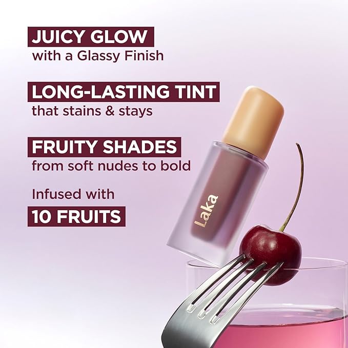 Laka Fruity Glam Tint, 4.5g/0.15 oz., Glowing Lip Stain with Wide Color Spectrum, Hydrating & Lightweight Texture, Long-Lasting Bold Stain, Non-Sticky, Vegan, K-Beauty (#119 Dreaming)