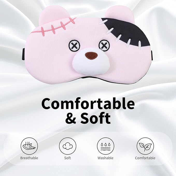PERFECTSIGHT Sleep Eye Masks, Cute Plush Sleep Eye Cover Lightweight Adjustable Eyeshade Faux Fur Mask Cover for Women Men Kids Sleep Travel Nap, Pink Pudding Bear